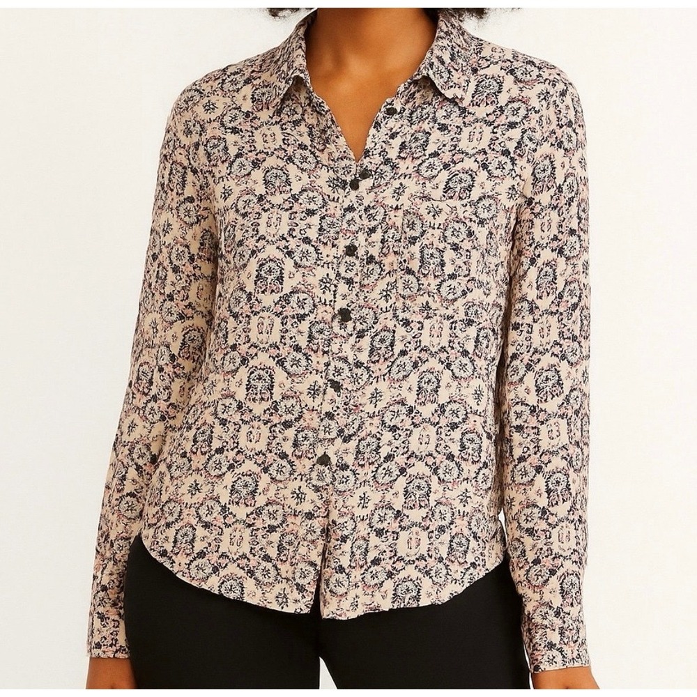 Natural Life Boho Floral Medallion Roll Tab Rayon Button Down Shirt Medium